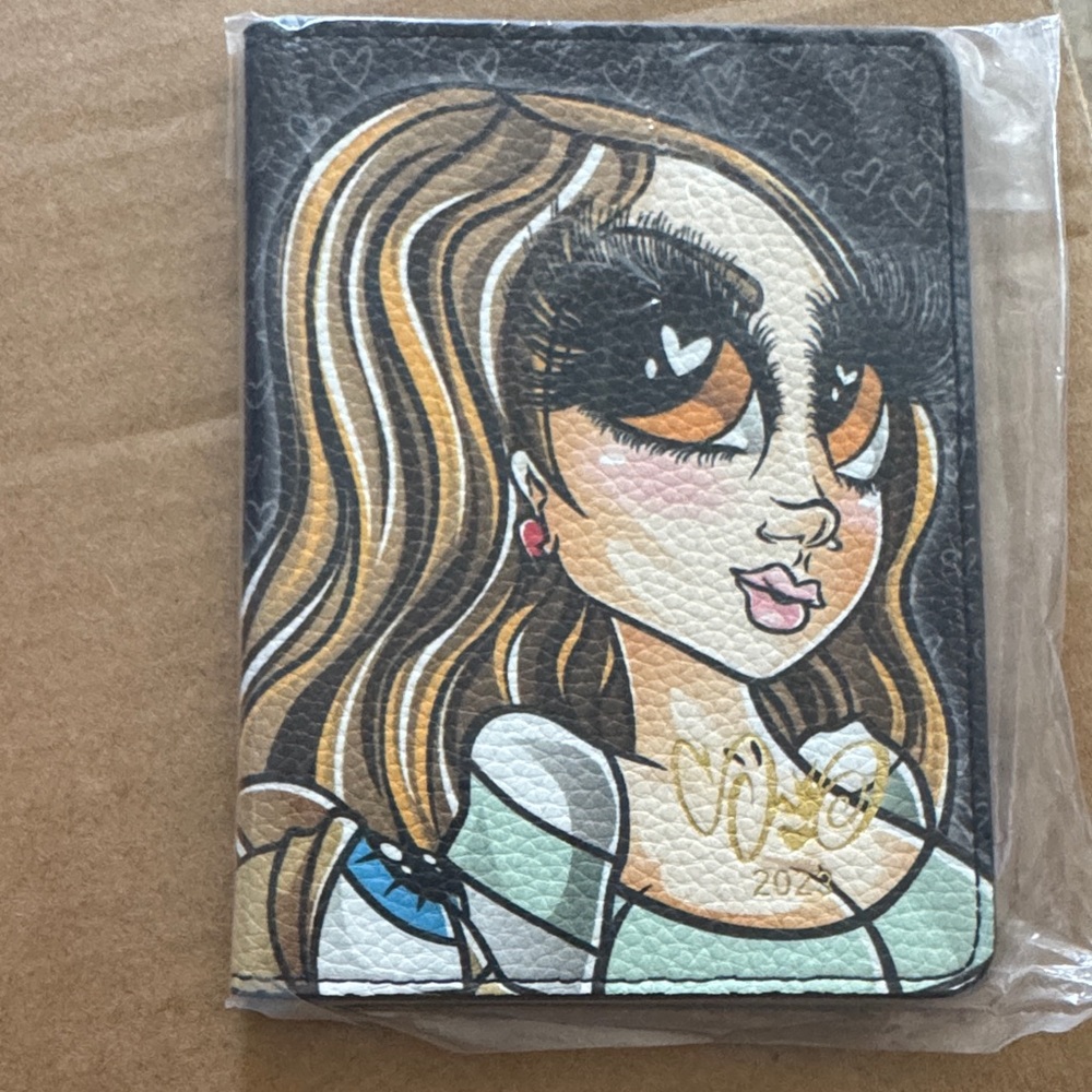 Illustrated Girl Passport Cover - Black, Brown hair doll